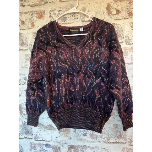 Mort Wallen size Medium wool blend plum multi color v neck sweater boxy fit - Picture 1 of 6